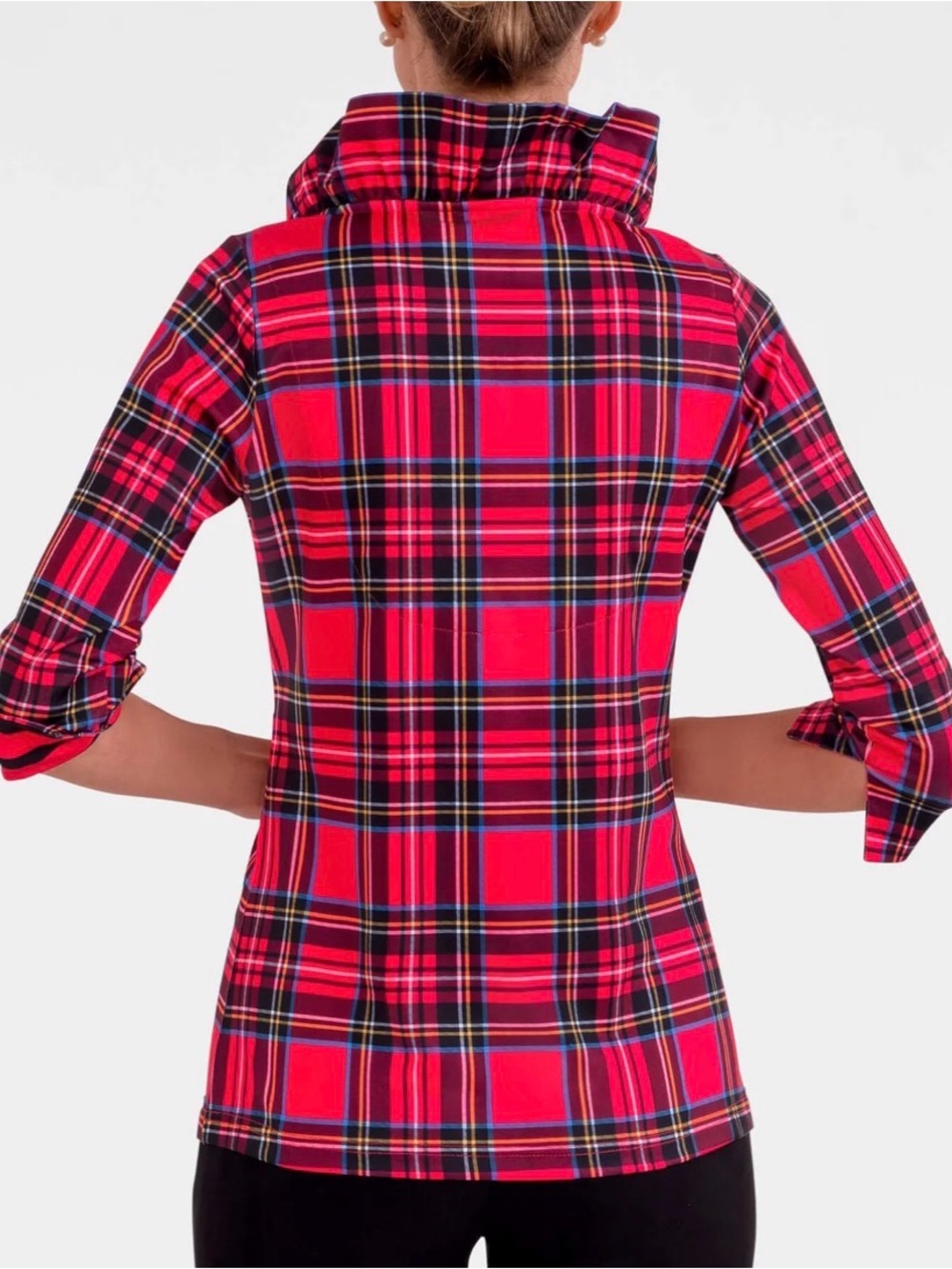 Gretchen Scott Designs Ruff Red Plaid Crossover Ruffled Collar Tunic Sz L - Picture 3 of 11